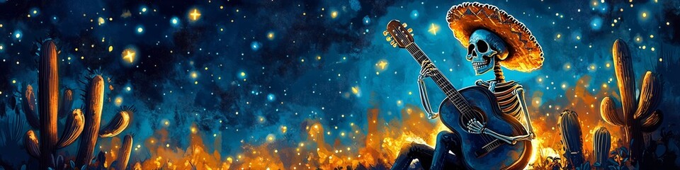 Obraz premium Skeleton in a sombrero playing guitar, surrounded by cacti under the stars, day of the dead, día de muertos, halloween art, celebration concept, traditional, 