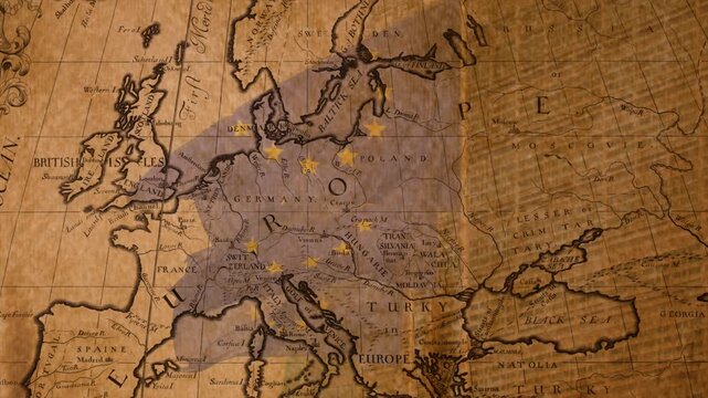 Vintage map of Europe with EU flags superimposed over member countries