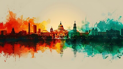 Fototapeta premium Compose a watercolor painting of the Mexican flag as the backdrop, with the silhouette of Mexico City’s architectural wonders, including the Angel of Independence and the Palacio de Bellas Artes,