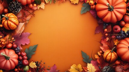 Festive Autumn Pumpkin Leaf and Fruit Border of happy thanksgiving day text