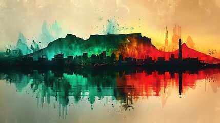 Fototapeta premium Compose a watercolor painting of the South African flag as the backdrop, with the silhouette of Cape Town’s iconic features, including Table Mountain and the V&A Waterfront,