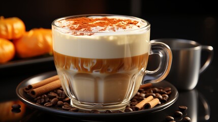 coffee latte in a transparent glass cup with cinnamon and pumpkins on a white backgroun.