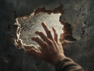 A Hand Reaching Through a Cracked Wall With Mathematical Equations Behind It