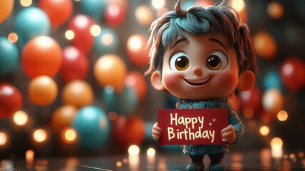 3D cartoon little boy holding a sign that says Happy Birthday