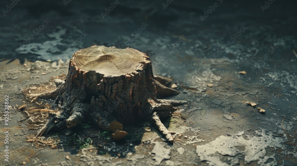 Wall mural A cut tree stump on a muddy ground in an outdoor forest environment.