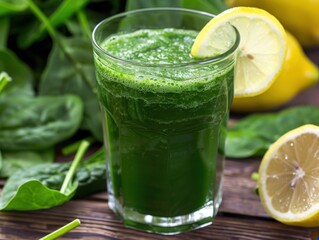 Fototapeta premium Fresh spinach smoothie with lemon slices served in glasses on a gray background