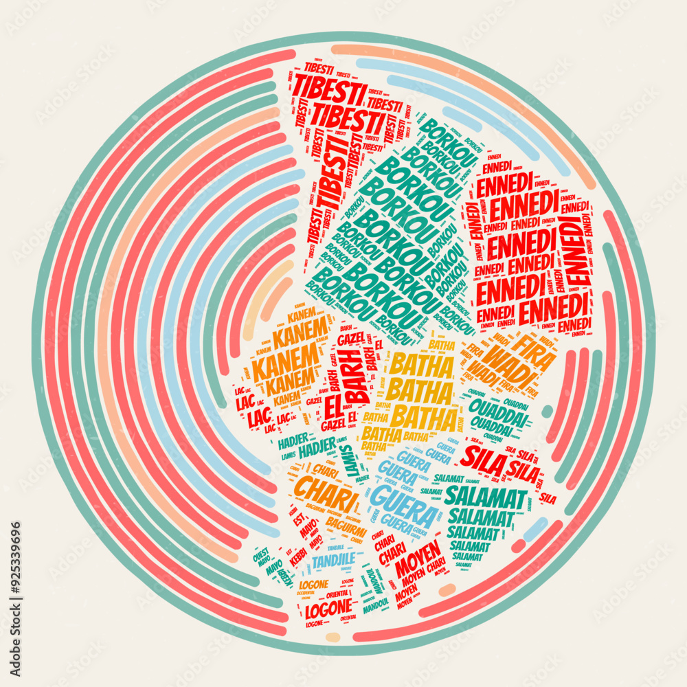 Poster typography style image of chad. regions word clouds of the country. vintage image design with scratc
