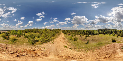 full spherical hdri 360 panorama on mountain in pinery in sunny spring day in equirectangular...