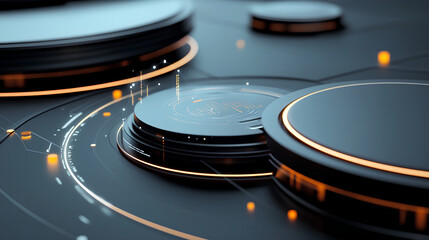  A close-up of futuristic circular buttons on an abstract black background,