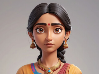 Upset sad Indian cartoon character young woman portrait in 3d style design on light background.