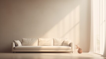Modern minimalistic living room interior with peach color sofa and empty wall. Neural network ai generated art