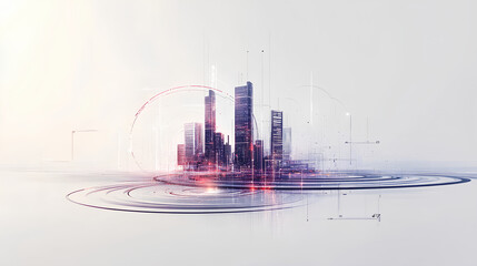 A digital rendering of an abstract cityscape with skyscrapers and circular patterns,