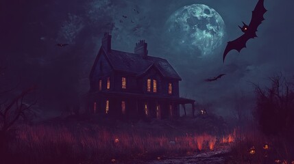 Halloween night with a spooky house and bats, halloween background.