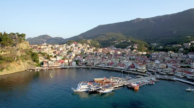 Parga Preveza Greece Aerial Point of Interest Shot of City Center and Port, Summer Destination Sunrise Lighting