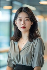 Fototapeta premium a asian girl standing in office with blurred background, real face, generative ai