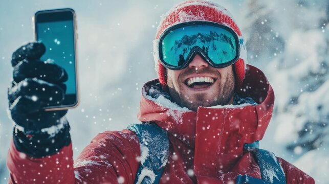 Happy skier taking selfie pic with smart cell phone device outside - Young man having fun on weekend activity in ski resort vacation - Winter sport, Generative AI