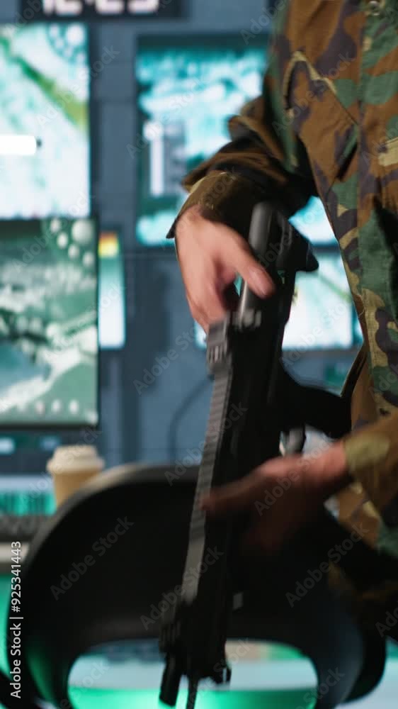 Poster vertical video army soldiers packing weapons able to engage targets at extended range with accurate,