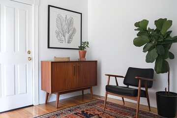 Mid-century modern entryway with a cabinet, chair, and fiddle-leaf fig plant in the corner of the room, white walls, wall art, interior design photography, interior home decor, wood floor, black rug.