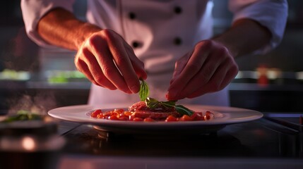 Master chef cook man hands precisely cooking dressing preparing tasty fresh delicious mouthwatering gourmet dish food on plate to customers 5-star michelin restaurant kitchen close-up detailed artwork