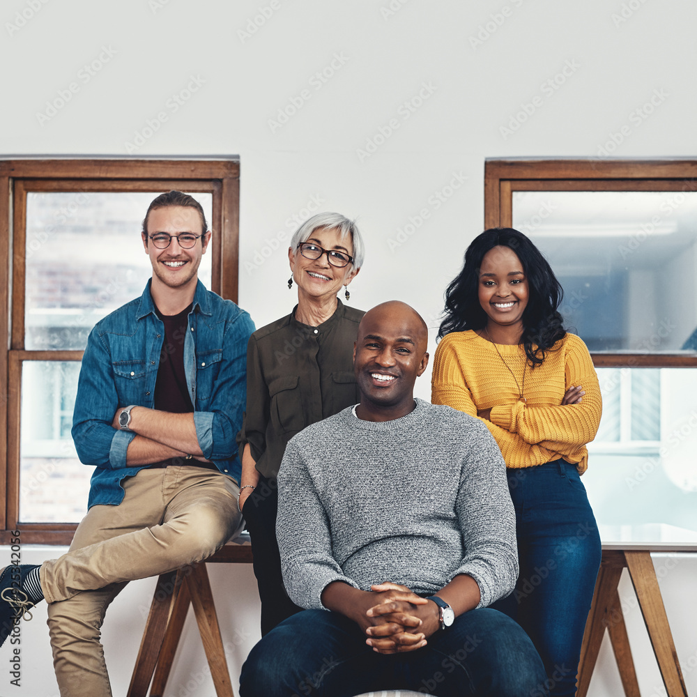 Poster smile, business people and portrait of team in office of creative agency for collaboration and conte