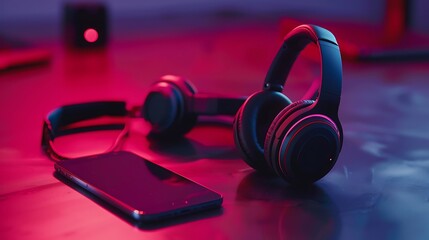 A set of sports headphones lying next to a smartphone playing music.