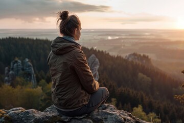 Naklejka premium A woman finds tranquility in nature as she sits on a mountain top enjoying the sunset.
