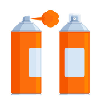 Set of orange spray paint cans with silver caps, one spraying paint. Flat vector illustration isolated on white background. Art supplies and graffiti concept. Perfect for creative projects