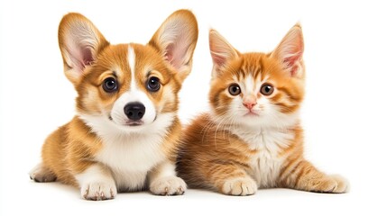 Obraz premium shows a small Corgi puppy and a ginger kitten.