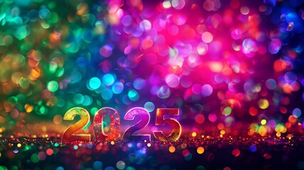 Festliche Neujahrsatmosphäre mit schimmerndem Bokeh-Effekt. Lebendige Farben und glitzernde Lichtpunkte symbolisieren den Übergang ins Jahr 2025. Perfekt für Grußkarten und Social Media Posts