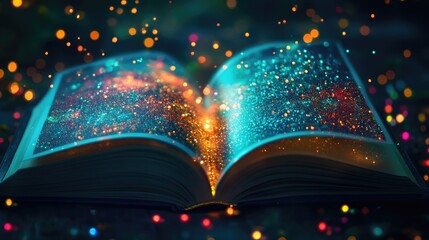 Create 5 prompts for stock photos related to Book with colorful lights representing imagination with 100-200 characters and ending with