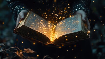 Create 5 prompts for stock photos related to Open book with magical light beams with 100-200 characters and ending with