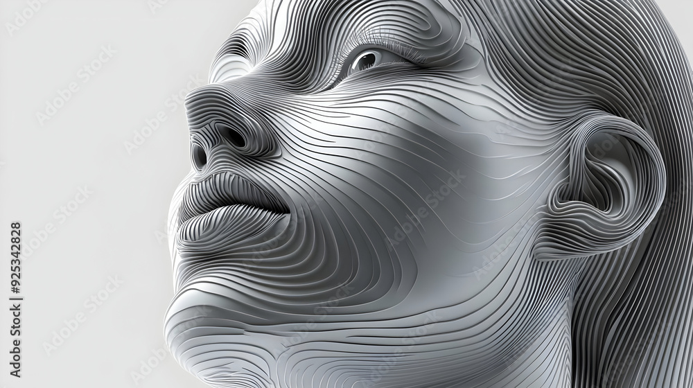 Poster a stylized 3d representation of a human face with flowing lines and abstract features.
