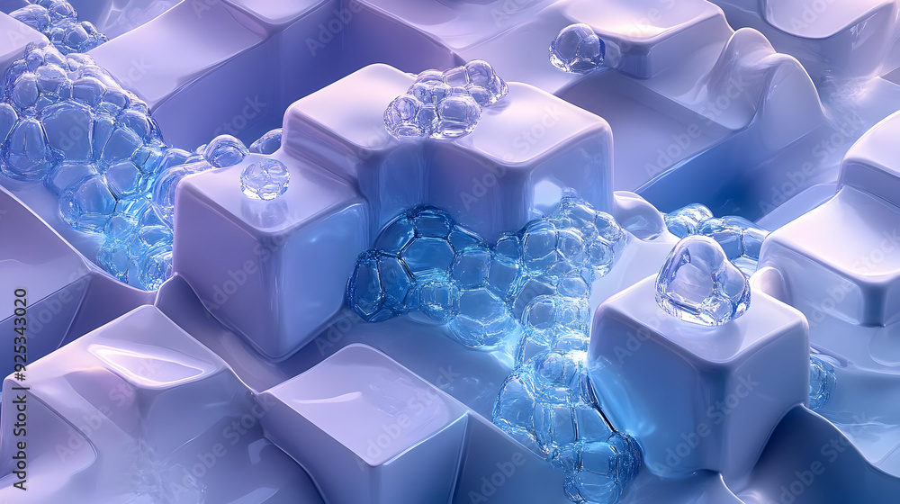 Poster a stylized abstract representation of bubbles on a textured surface, evoking fluidity and depth.