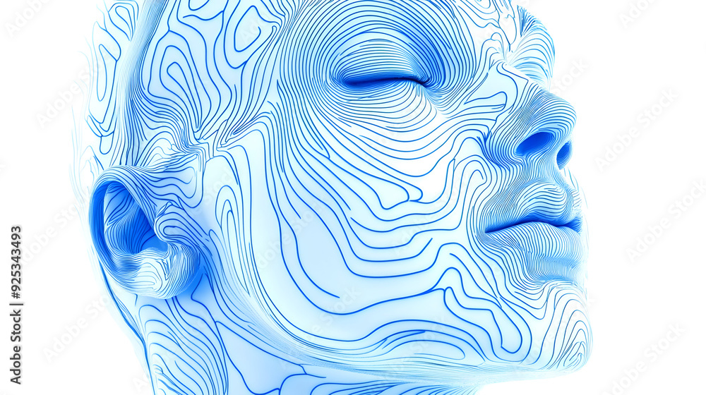 Aufkleber a stylized blue face with intricate line patterns, representing a blend of art and technology.