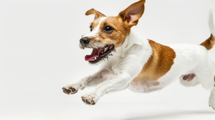 Smiling Jack Russell Terrier in mid-air leap. Happy dog enjoying playtime outdoors.