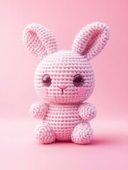 Pink crochet bunny with large eyes, soft texture and detailed stitching. Handmade plush toy, perfect for children or collectors.