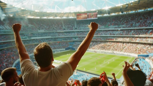 A stadium brimming with enthusiastic fans cheering as they watch an exhilarating soccer match, capturing the vibrancy and spirit of live sports.