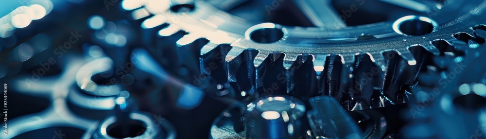Poster close-up of interconnected metallic gears, showcasing intricate machinery and engineering precision 