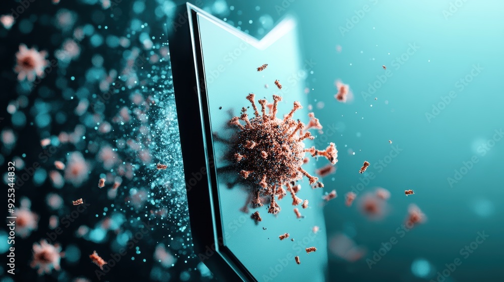 Poster a digital shield protecting a computer screen from a swarm of malicious viruses and malware.