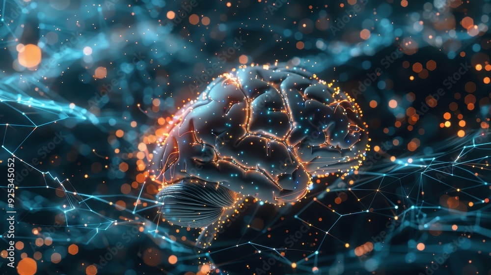 Poster futuristic 3d illustration of an artificial intelligence brain with network connections and glowing 