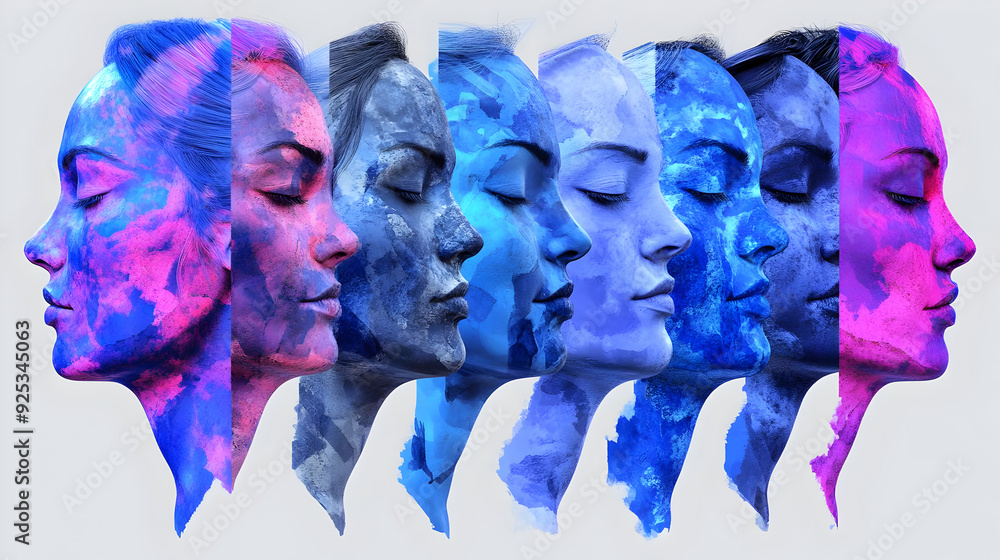 Poster a stylized illustration of multiple profiles with colorful textures and gradients.