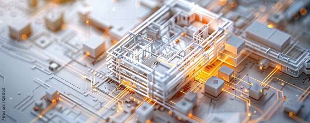 Poster futuristic circuit board with glowing lines and electronic components, representing advanced technol