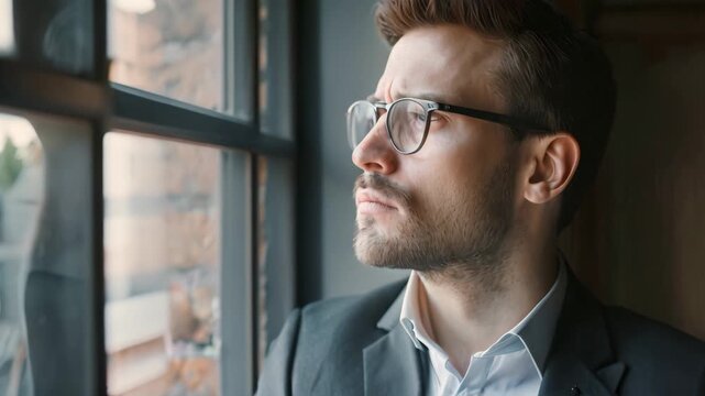 A man in a suit and glasses looks out a window, deep in thought A businessman looking thoughtful while gazing out of a window