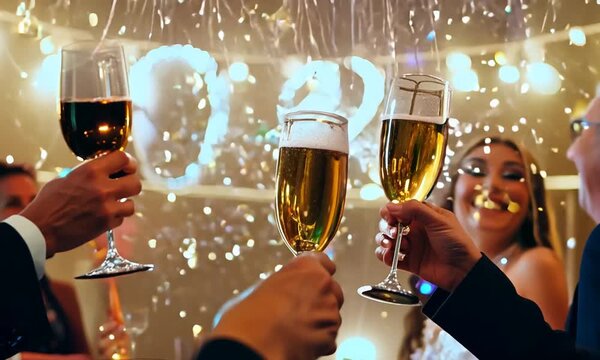 Champagne glasses raised in a joyful celebration at an Christmas party with friends and sparkling lights around