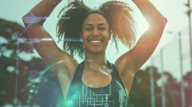 A woman working out outdoors with bright, holographic data overlays, exuding strength and happiness, highlighting fitness and technology integration. - Powered by Adobe