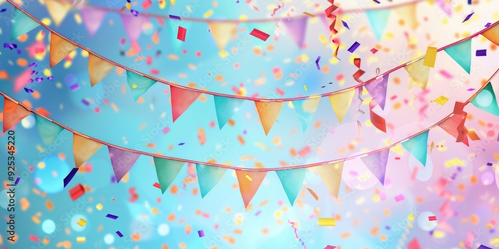Poster vibrant colorful paper streamers hanging from string, creating festive and cheerful atmosphere for p