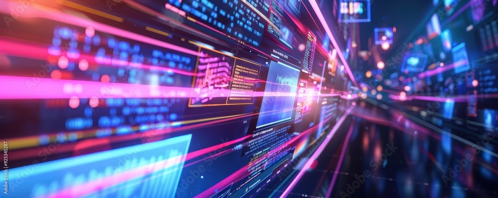 Poster futuristic digital background with neon lights, data streams, and high-tech interfaces representing 