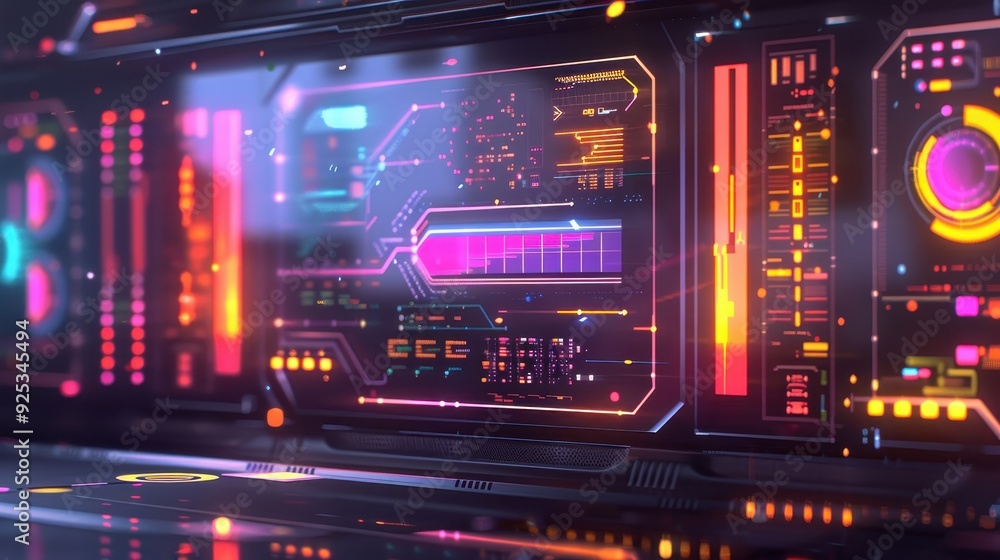 Aufkleber futuristic digital interface with neon lights and data visuals, representing advanced technology and