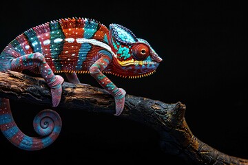A brightly colored chameleon changing color on a branch copy space for highlighting adaptability or versatility. (Change