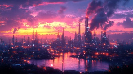 Futuristic industrial cityscape at sunset - generative ai